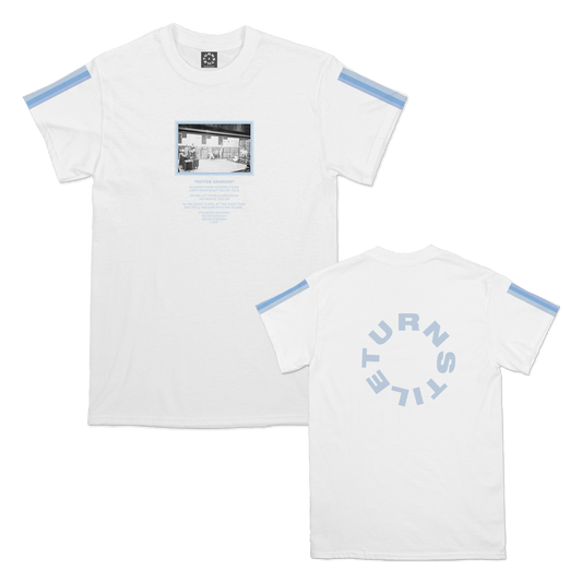 Turnstile's "Never Enough Studio" design, printed on the front, back, and both sleeves of a white tee with a custom woven tag.