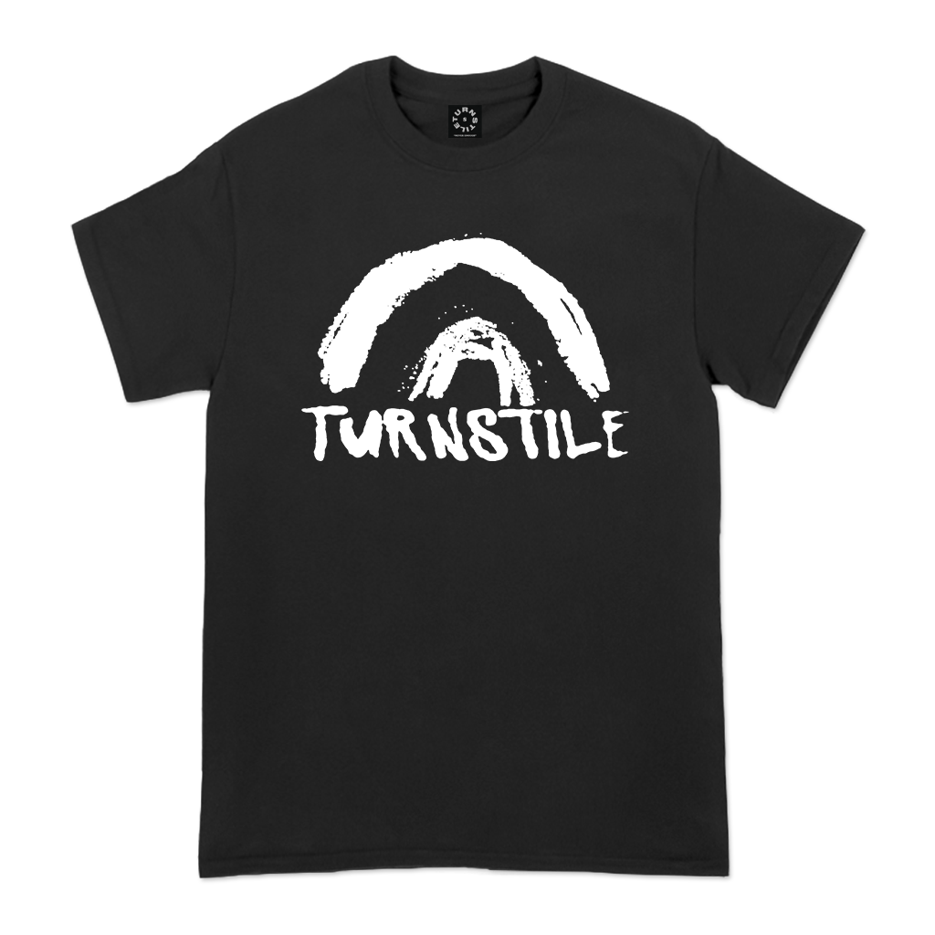 Turnstile's "Double Rainbow" design, printed on the front of a black tee with a custom woven tag.