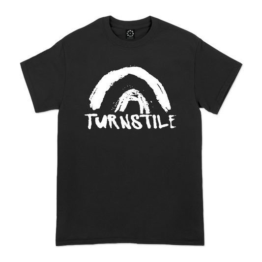 Turnstile's "Double Rainbow" design, printed on the front of a black tee with a custom woven tag.