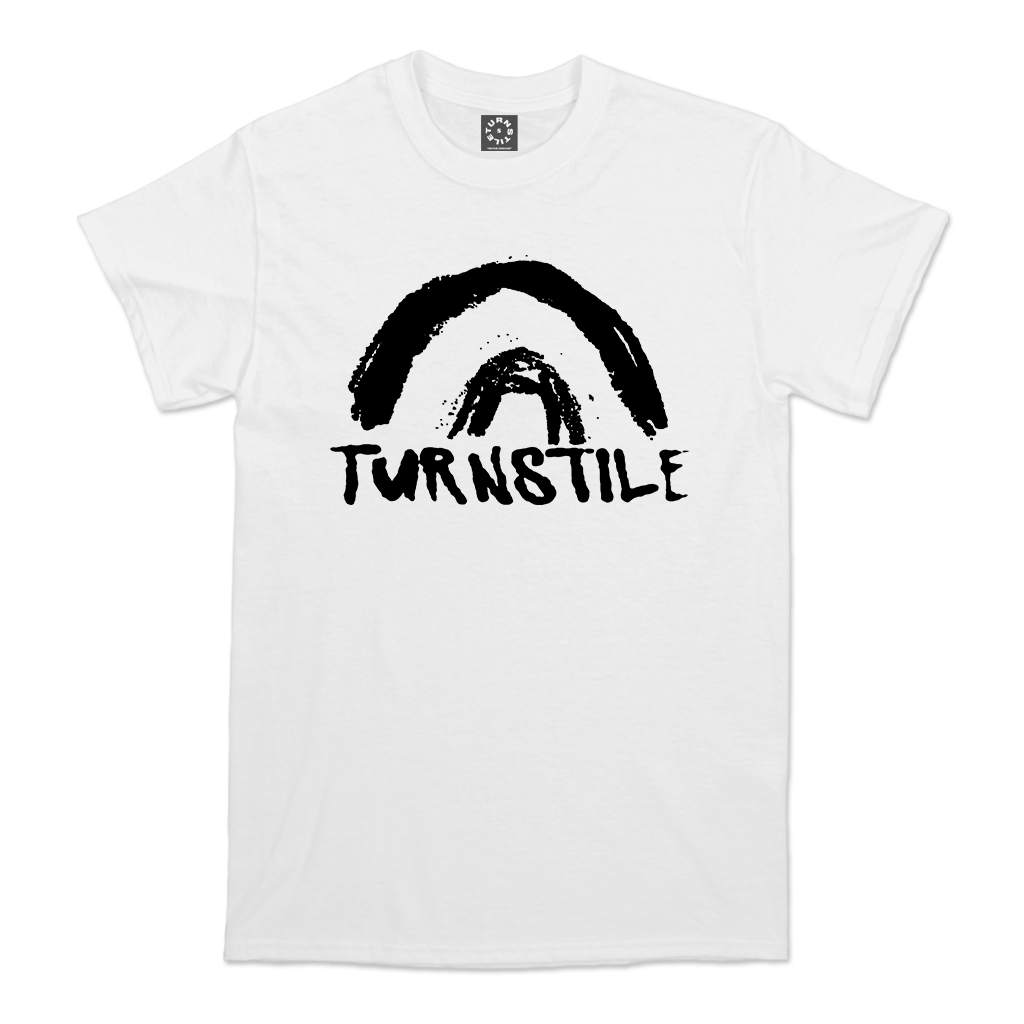 Turnstile's "Double Rainbow" design, printed on the front of a white tee with a custom woven tag.