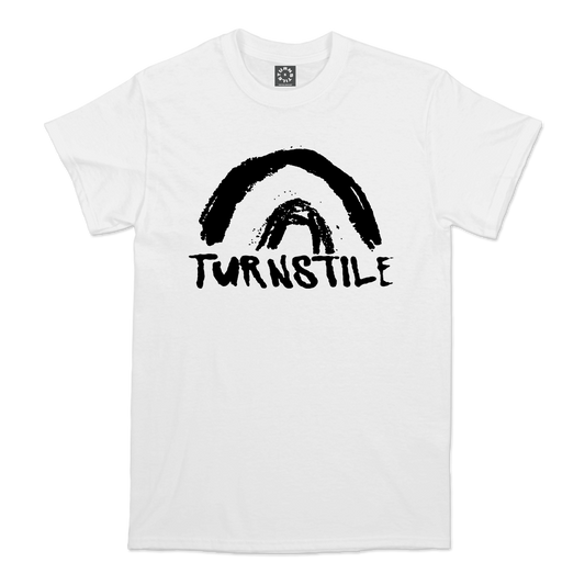 Turnstile's "Double Rainbow" design, printed on the front of a white tee with a custom woven tag.