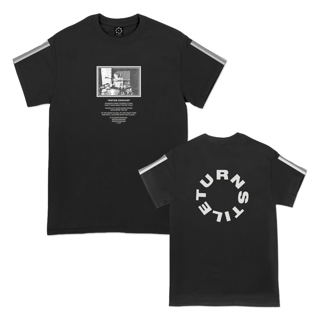 Turnstile's "Never Enough Daniel" design, printed on the front, back and both sleeves of a black tee with a custom woven tag.