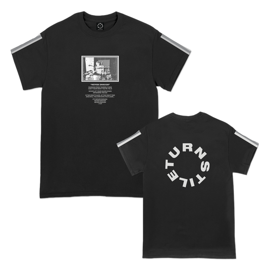 Turnstile's "Never Enough Daniel" design, printed on the front, back and both sleeves of a black tee with a custom woven tag.