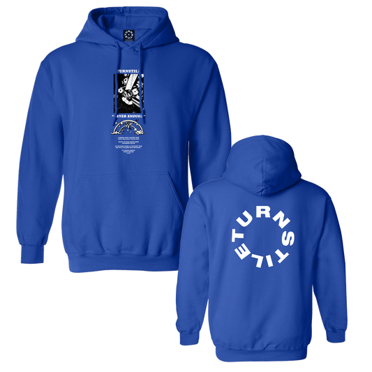 Turnstile's "Never Enough" design, printed on the front and back of a royal hoodie with a custom woven tag.