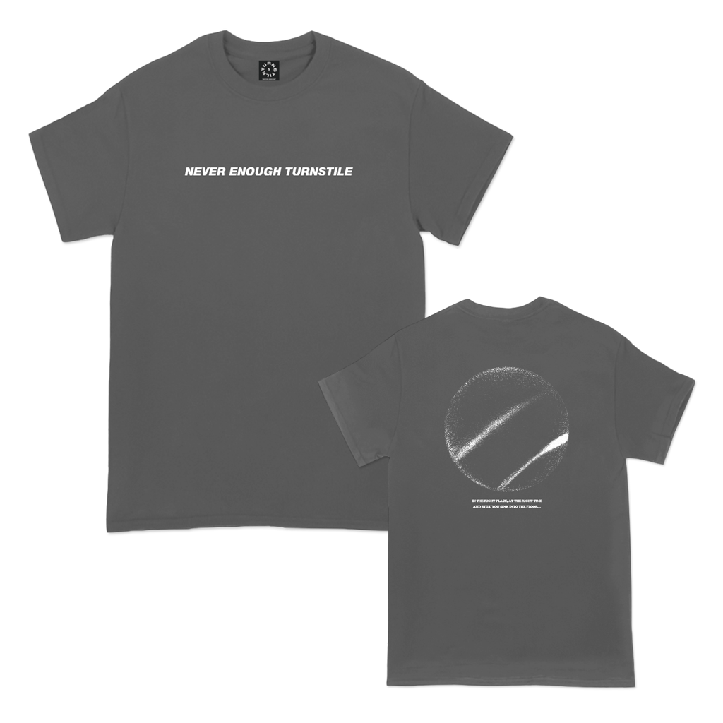 Turnstile's "Right Place Right Time" design, printed on the front and back of a charcoal tee with a custom woven tag.
