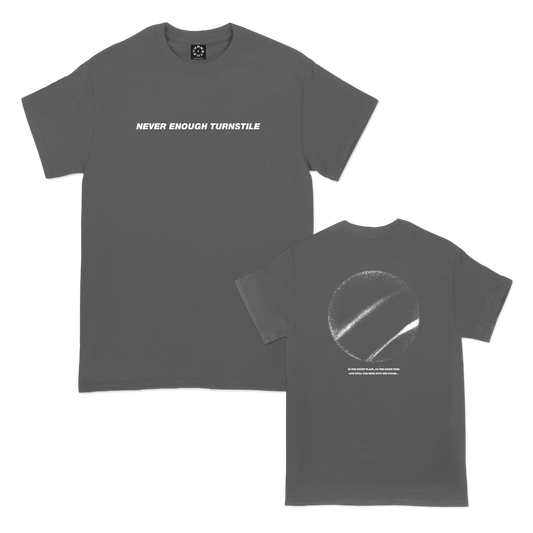 Turnstile's "Right Place Right Time" design, printed on the front and back of a charcoal  tee with a custom woven tag.